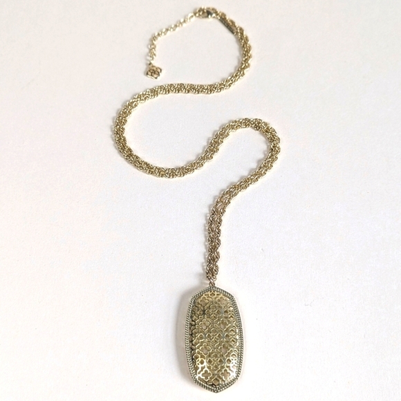 Kendra Scott Rae Long Chain Necklace Filigree Pendant Antique Gold